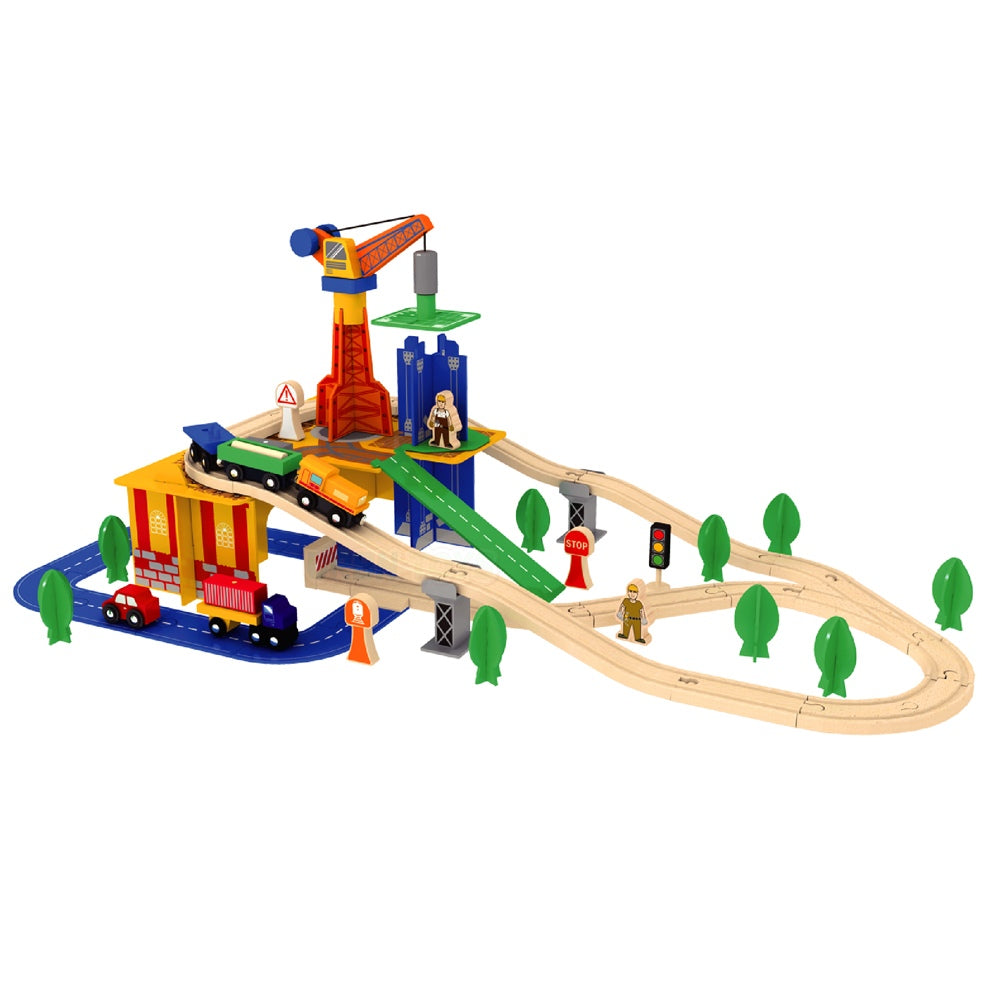 Acool Toys 80-Piece Two Level Wooden Road & Train Track Railway Construction Set Multicolor Age- 3 Years & Above