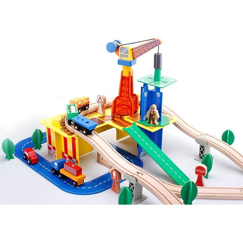 Acool Toys 80-Piece Two Level Wooden Road & Train Track Railway Construction Set Multicolor Age- 3 Years & Above