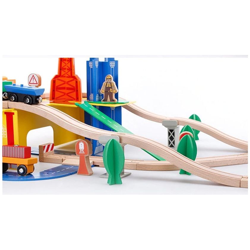 Acool Toys 80-Piece Two Level Wooden Road & Train Track Railway Construction Set Multicolor Age- 3 Years & Above