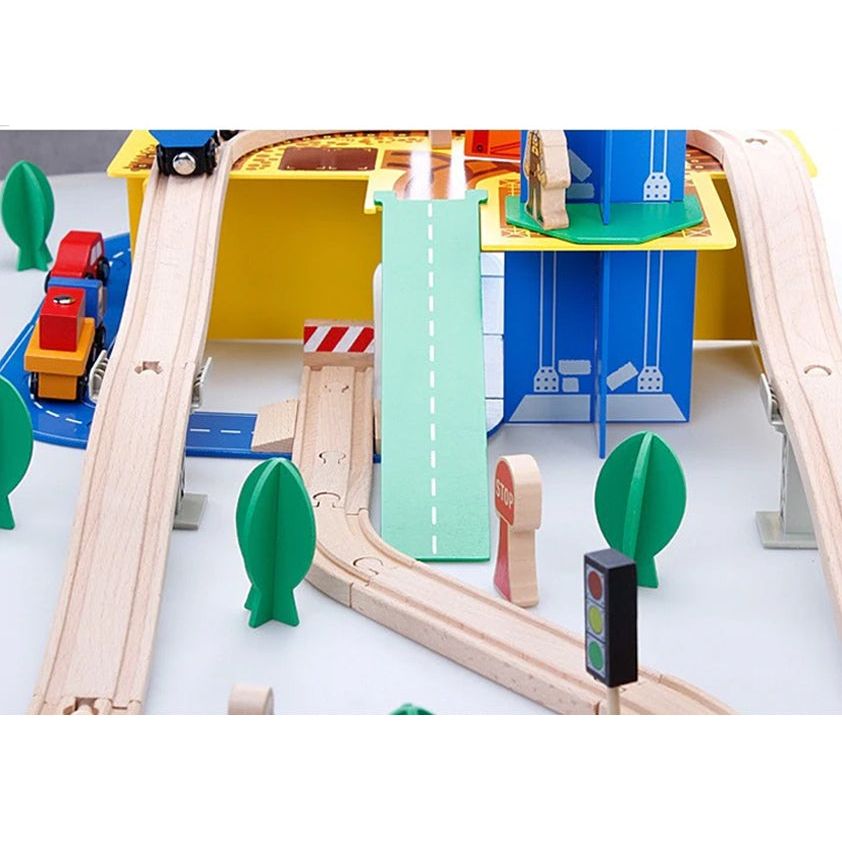 Acool Toys 80-Piece Two Level Wooden Road & Train Track Railway Construction Set Multicolor Age- 3 Years & Above