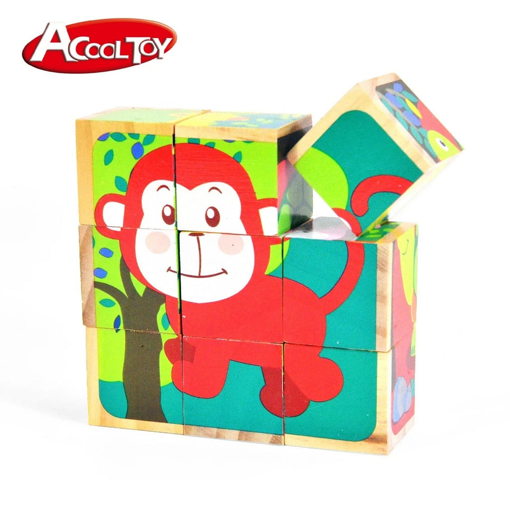 Acool Toys Wooden Animal Cube with 9-Blocks & 6 Sided Puzzles AC6670 Age- 24 Months & Above