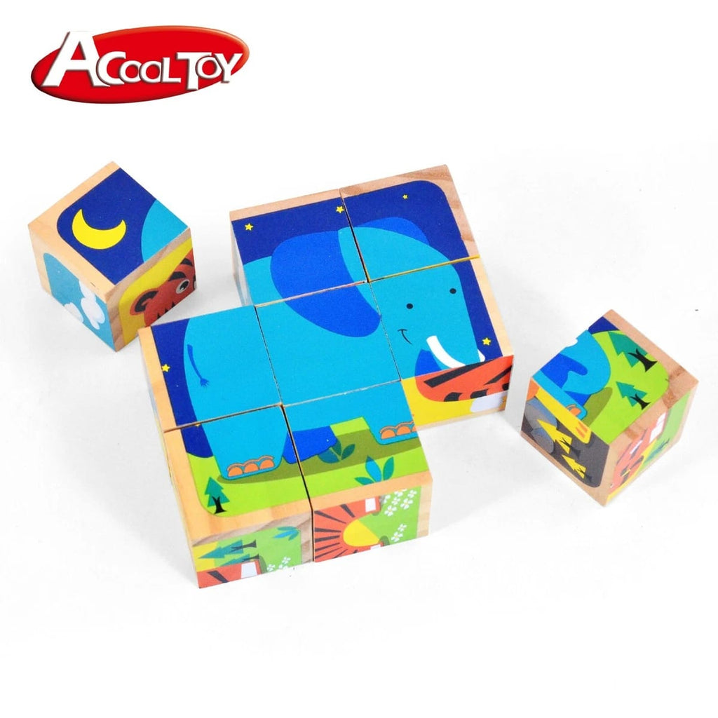 Acool Toys Wooden Animal Cube with 9-Blocks & 6 Sided Puzzles AC6670 Age- 24 Months & Above