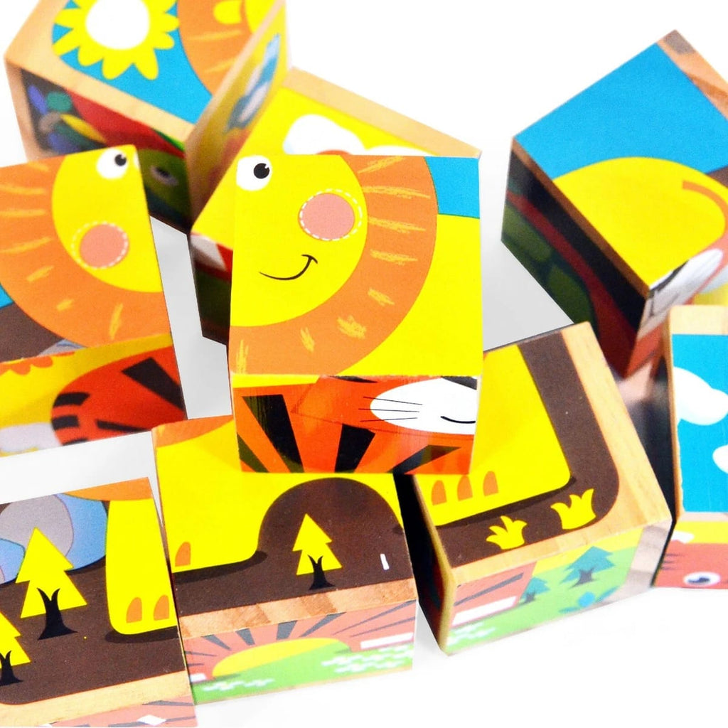 Acool Toys Wooden Animal Cube with 9-Blocks & 6 Sided Puzzles AC6670 Age- 24 Months & Above