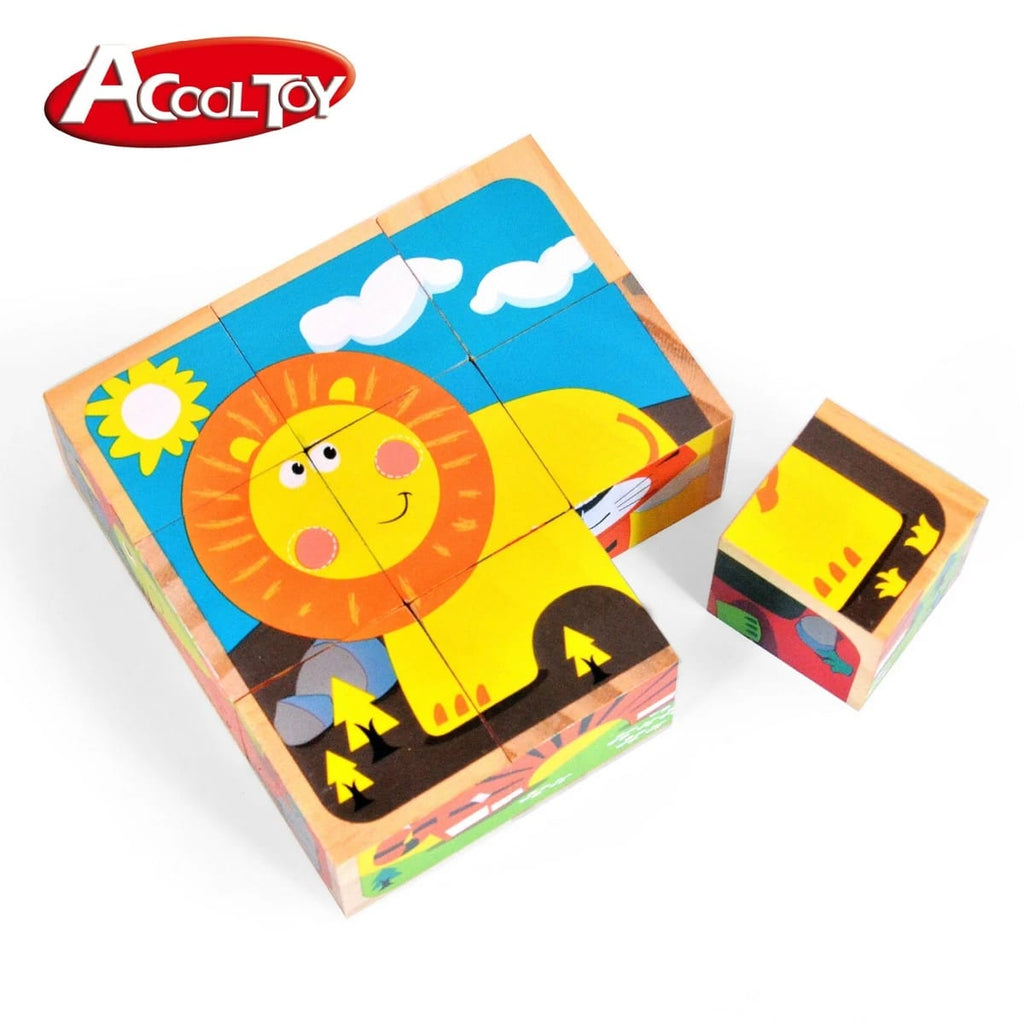 Acool Toys Wooden Animal Cube with 9-Blocks & 6 Sided Puzzles AC6670 Age- 24 Months & Above