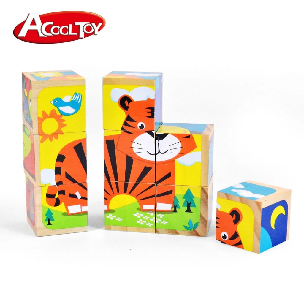 Acool Toys Wooden Animal Cube with 9-Blocks & 6 Sided Puzzles AC6670 Age- 24 Months & Above