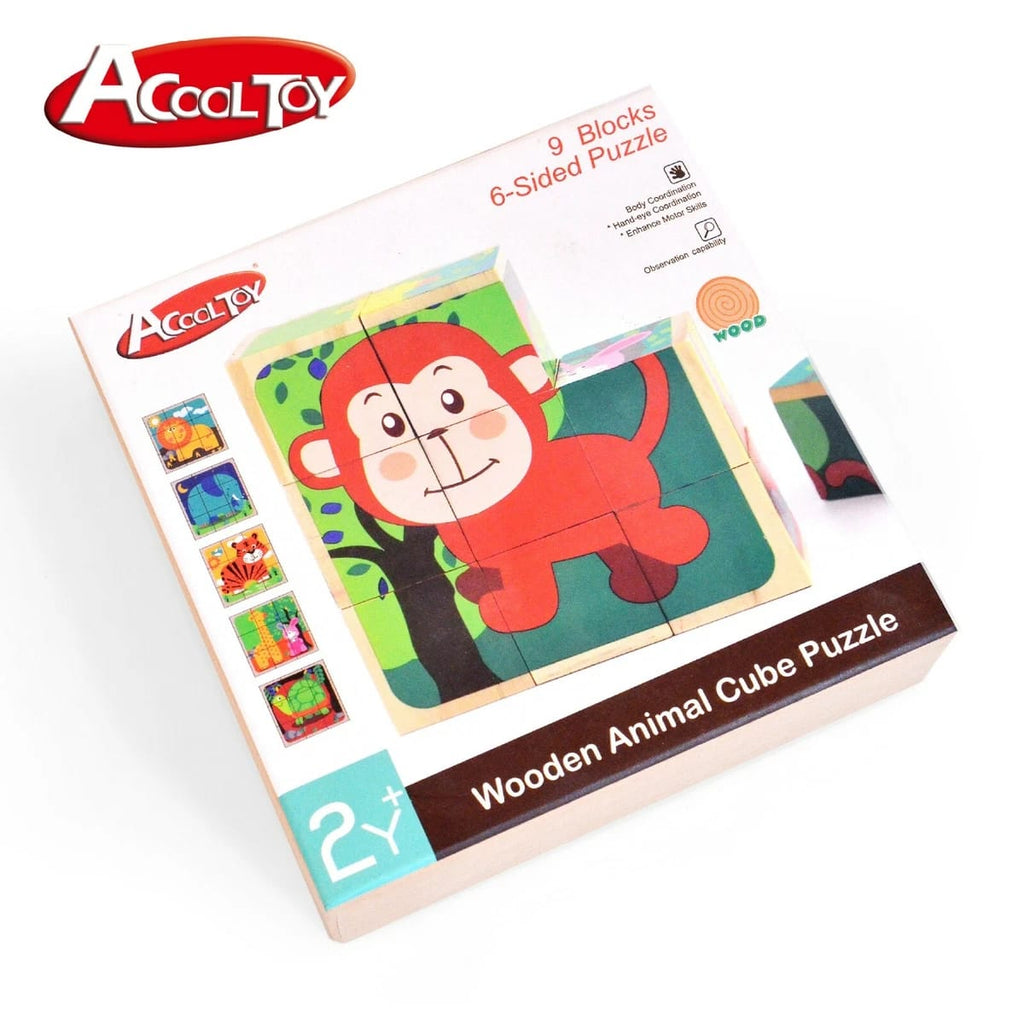 Acool Toys Wooden Animal Cube with 9-Blocks & 6 Sided Puzzles AC6670 Age- 24 Months & Above