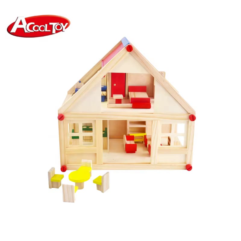 Acool Toys Wooden Doll House with Furniture AC7703 Age- 36 Months & Above