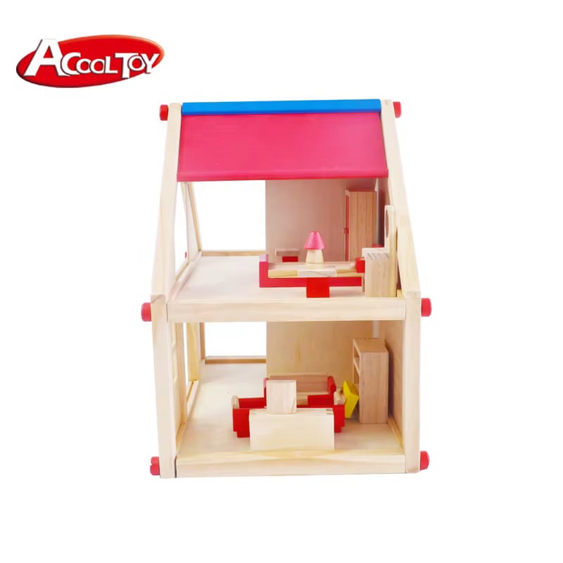 Acool Toys Wooden Doll House with Furniture AC7703 Age- 36 Months & Above