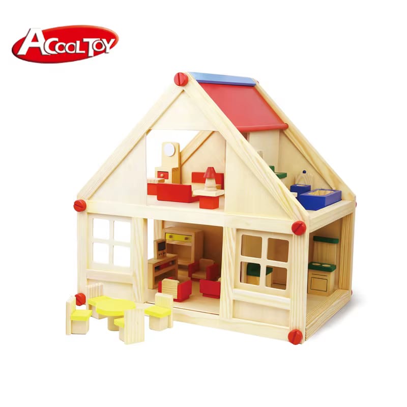 Acool Toys Wooden Doll House with Furniture AC7703 Age- 36 Months & Above