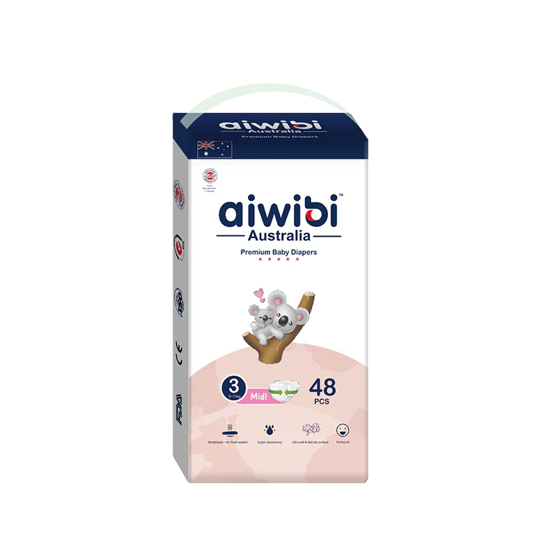 Aiwibi Disposable Breathable Baby Diapers With Elastic Waistband Medium (5-11 kg) Pack of 48