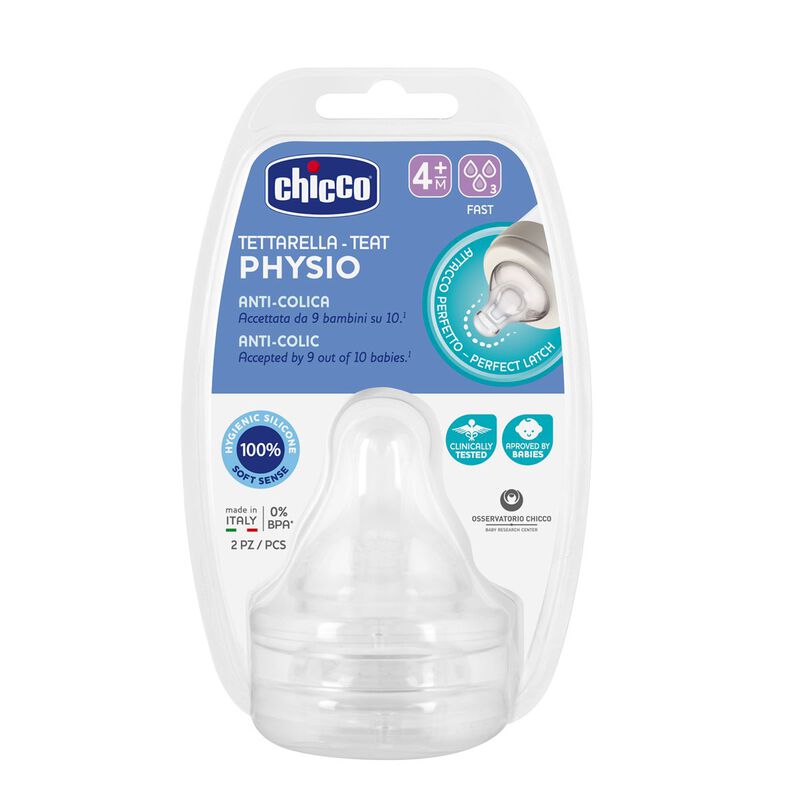 Chicco Physio Anti-Colic Fast lowing Baby Teats Pack of 2 Transparent Age- 4 Months & Above