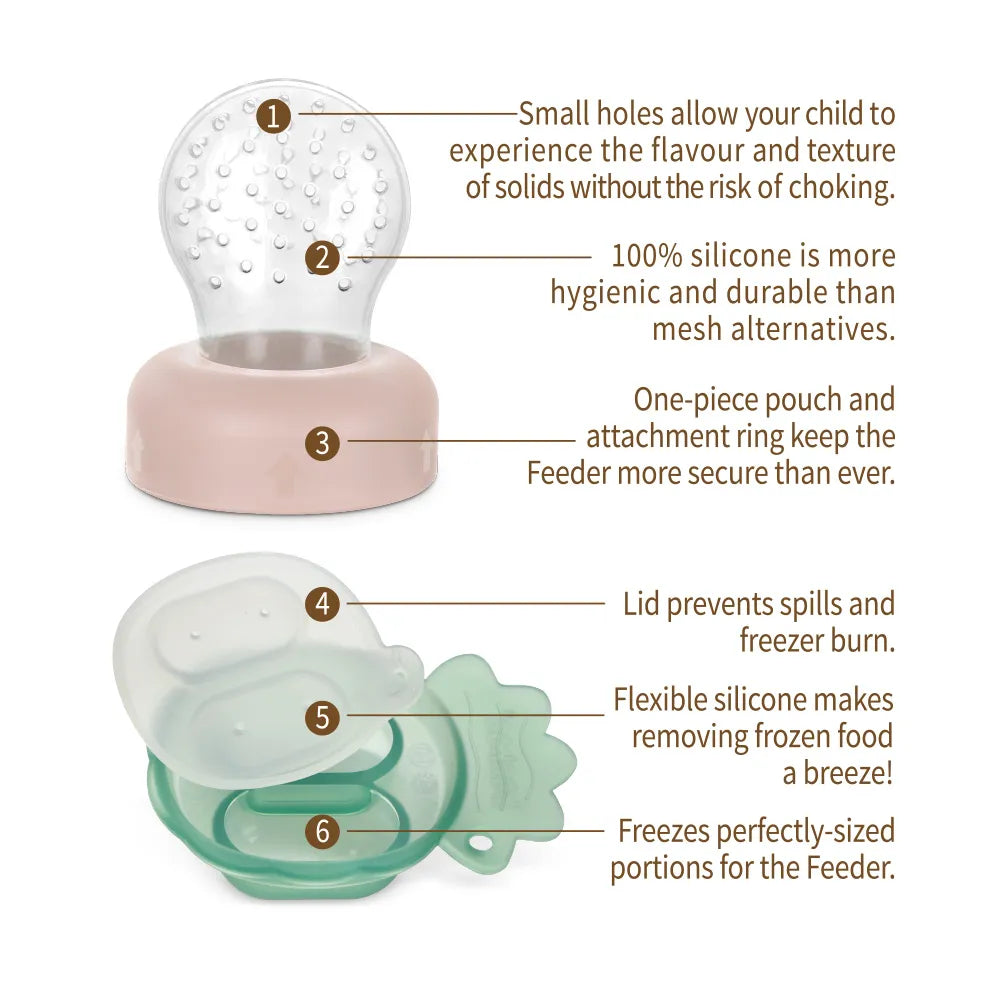 Haakaa Freeze-N-Feed Mini Combo with Silicone Food Feeder & Silicone Mini Nibble Feeder + Pea Green Tray Blush Pink Age- 3 Months & Above