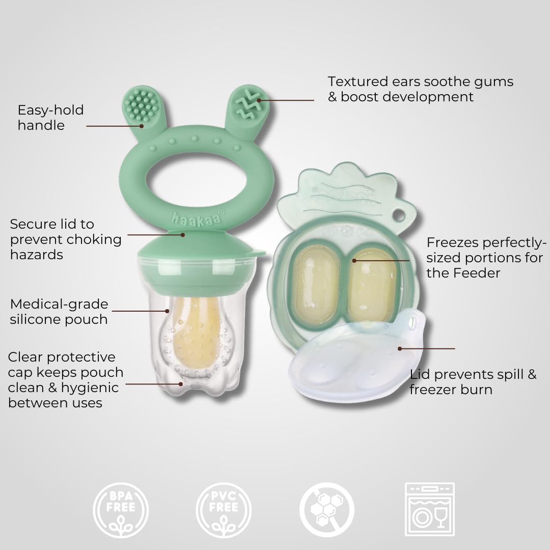 Haakaa Freeze-N-Feed Mini Combo with Silicone Food Feeder & Silicone Mini Nibble Feeder + Pea Green Tray Pea Green  Age- 3 Months & Above