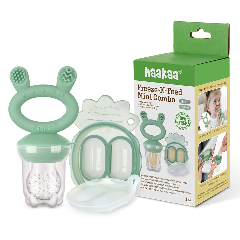 Haakaa Freeze-N-Feed Mini Combo with Silicone Food Feeder & Silicone Mini Nibble Feeder + Pea Green Tray Pea Green  Age- 3 Months & Above