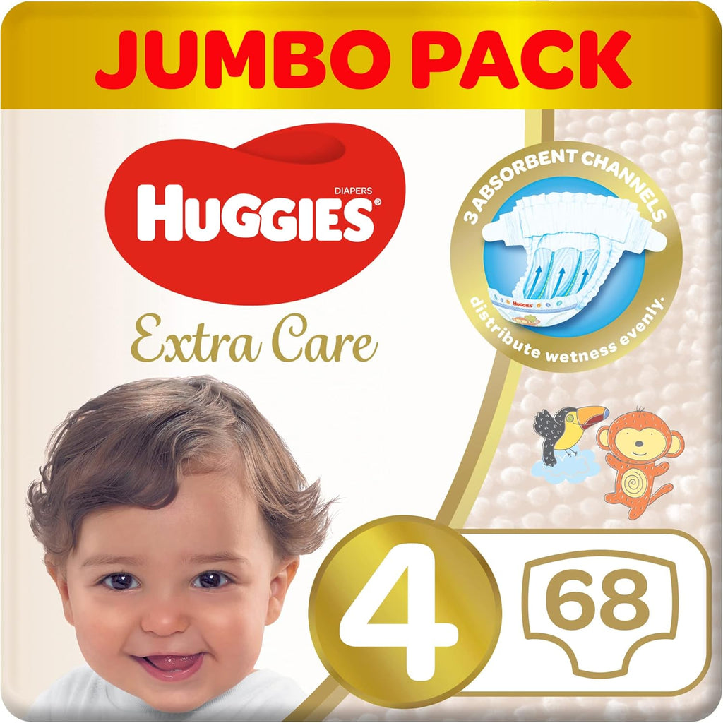 Huggies Extra Care, Size 4, 8 -14 kg, Jumbo Pack, 68 Diapers