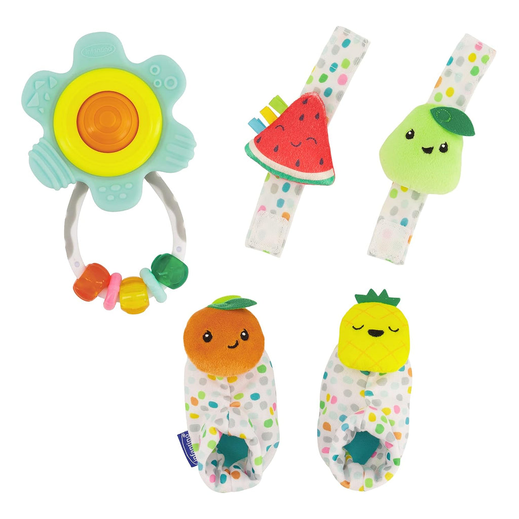 Infantino Baby's 1st Rattle Bundle Gift Set with Wrist Rattles, Foot Rattles, Spin & Teethe Gummy Rattle Multicolor   Age- Newborn & Above 