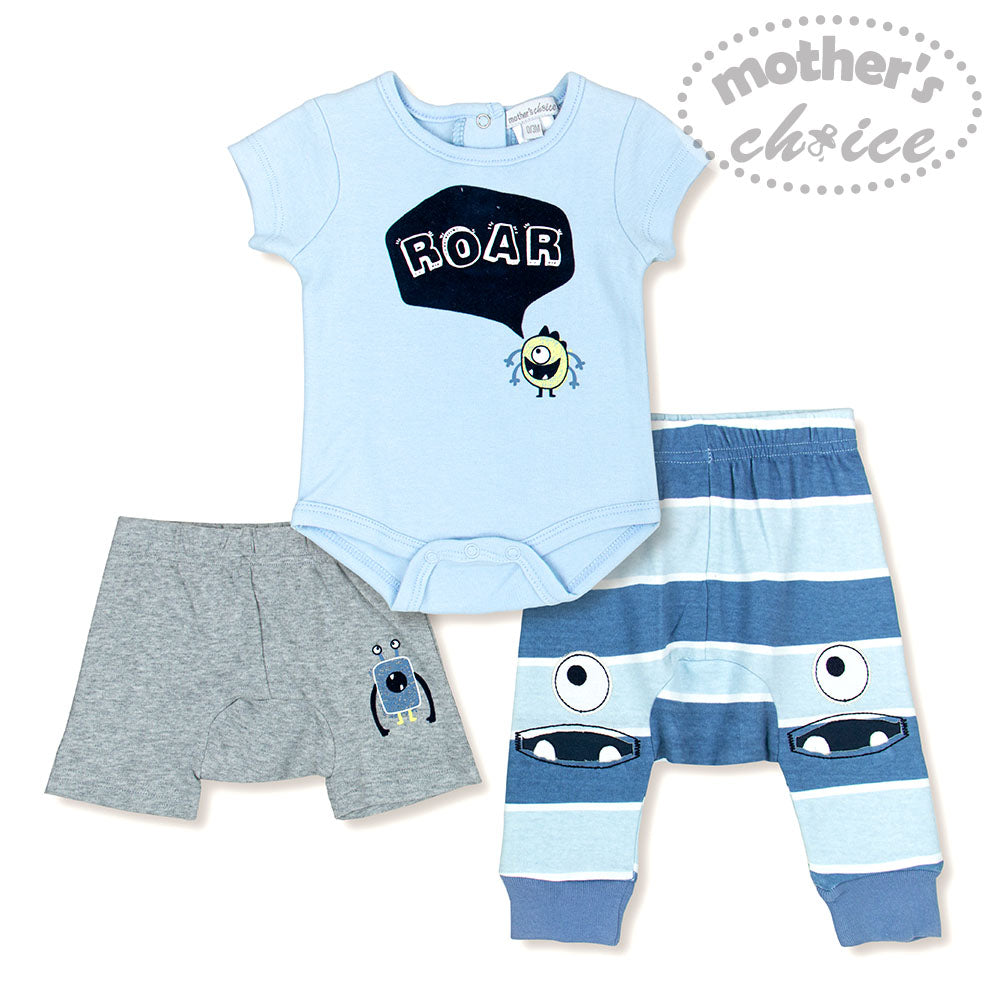 Mother's Choice Baby Boy 3-Piece Set- Bodysuit,Shorts & Leggings Blue/White IT1211