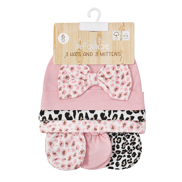 Mother's Choice Cute 6-Piece Baby Gift Set- 3 Hats & 3 Mitten Pink/White/Black IT4981 Age- Newborn to 6 Months