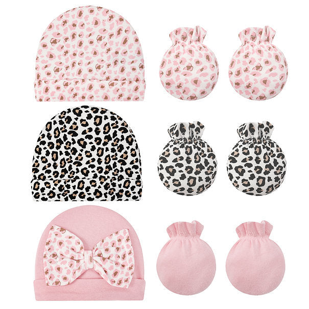Mother's Choice Cute 6-Piece Baby Gift Set- 3 Hats & 3 Mitten Pink/White/Black IT4981 Age- Newborn to 6 Months