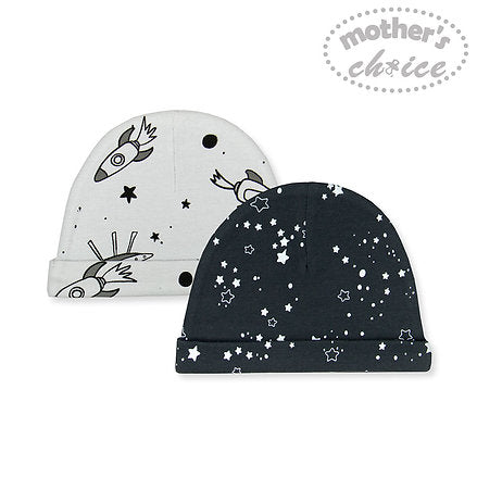 Motherschoice 2 Pack Space & Stars Printed Baby Hats Black/White Age- Newborn to 12 Months  IT2763