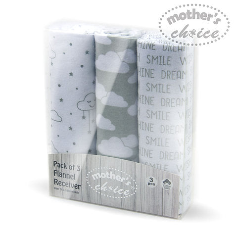 Motherschoice 3-Piece Baby Cotton Swaddle Flannel Receivers Box Set IT3535 Grey/White