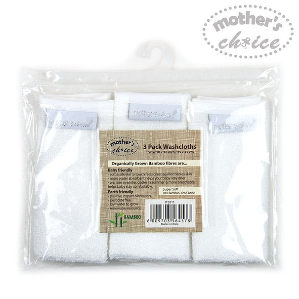 Motherschoice Baby 3-Pack Bamboo Face Washcloths (25 x 25 cm) White IT3511  Age- Newborn to 4 Years 