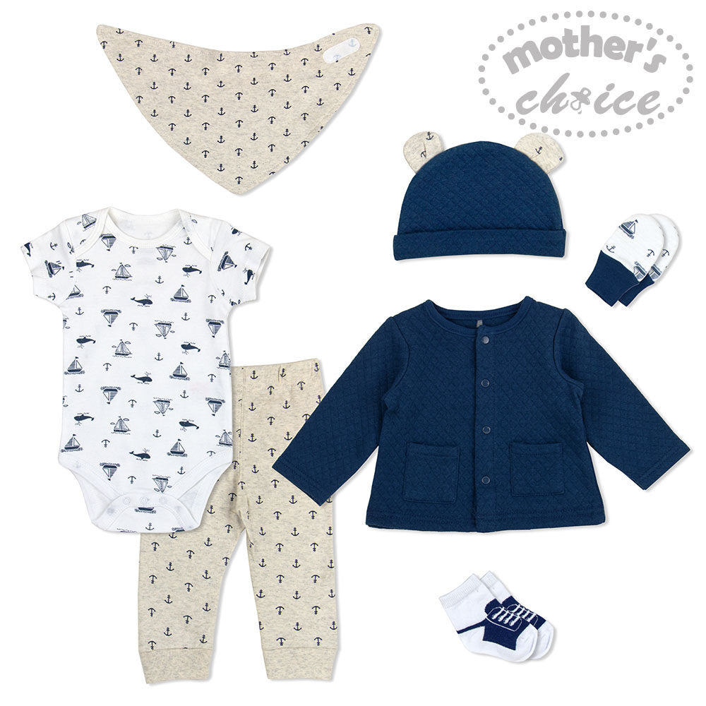 Motherschoice Baby 7-Piece Printed Baby Starter Set Navy Blue/Grey IT2012