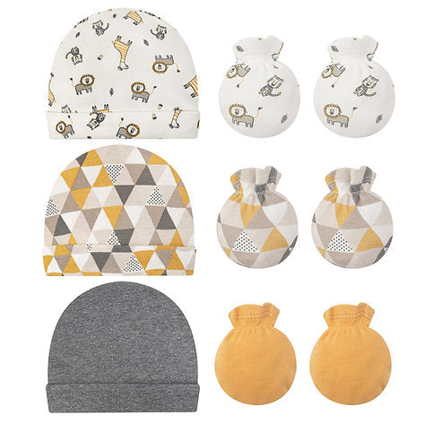 Motherschoice Baby Abstract & Jungle Themed 3 Hats & 3 Pair Mittens Set Multicolor IT4986 Age- Newborn to 6 Months