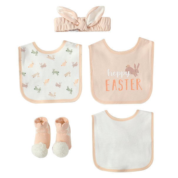 Motherschoice Cute Baby Girls Gift Set- 3 Bibs, Socks & Headband Peach/White IT4757
