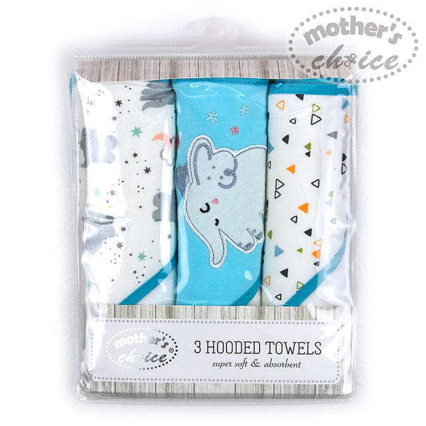 Motherschoice Cute Elephant & Stars Themed Baby Hooded Towels Pack of 3 (66 x 66 cm) Blue/White IT3056 Age- Newborn to 4 Years