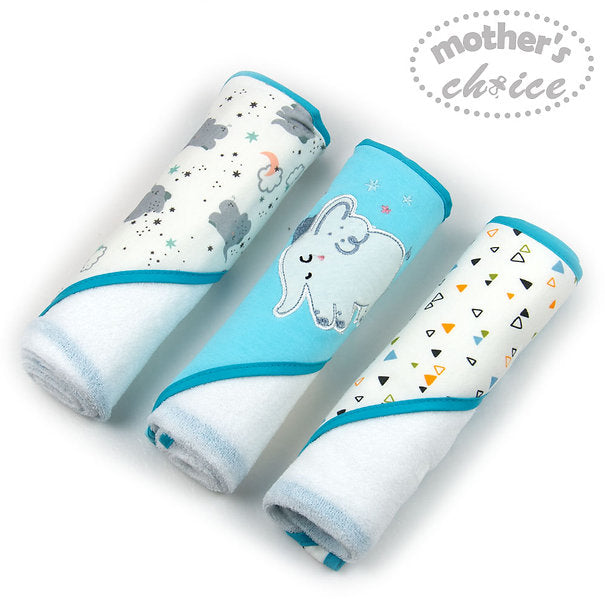 Motherschoice Cute Elephant & Stars Themed Baby Hooded Towels Pack of 3 (66 x 66 cm) Blue/White IT3056 Age- Newborn to 4 Years