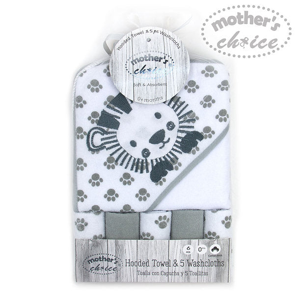 Motherschoice Cute Lion Themed Baby Hooded Towel ( 75x75 cm) + 5 Face Cloths Grey/White IT3443 Age- Newborn to 4 Years 
