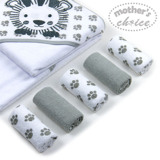 Motherschoice Cute Lion Themed Baby Hooded Towel ( 75x75 cm) + 5 Face Cloths Grey/White IT3443 Age- Newborn to 4 Years 