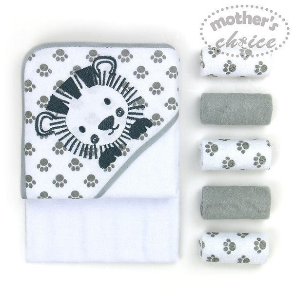 Motherschoice Cute Lion Themed Baby Hooded Towel ( 75x75 cm) + 5 Face Cloths Grey/White IT3443 Age- Newborn to 4 Years 