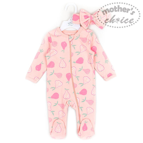 Motherschoice Cute Pear Printed Footed Pyjama/ Romper with Headband Pink IT3570
