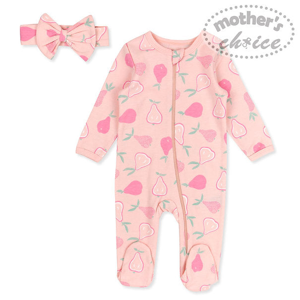 Motherschoice Cute Pear Printed Footed Pyjama/ Romper with Headband Pink IT3569