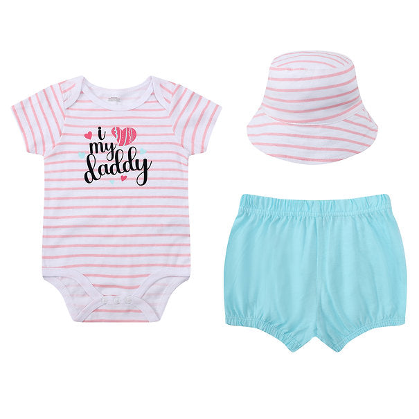 Motherschoice "I Love My Daddy" Printed Baby Girls 3-Piece Set of Bodysuit, Pants & Sun Hat Pink/White IT5155