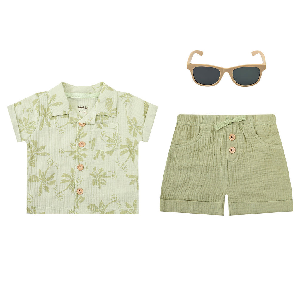 Motherschoice Infant Boy's Summer Muslin Shirt and Short Set with Sunglasses Green IT5821
