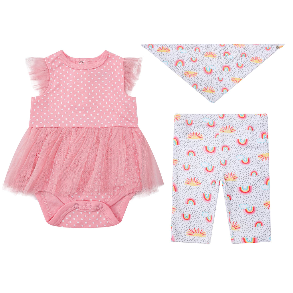 Motherschoice Infant Girls Raibow Themed 3 Piece Set Bodysuit, Pants & Bib Pink/White  IT2298