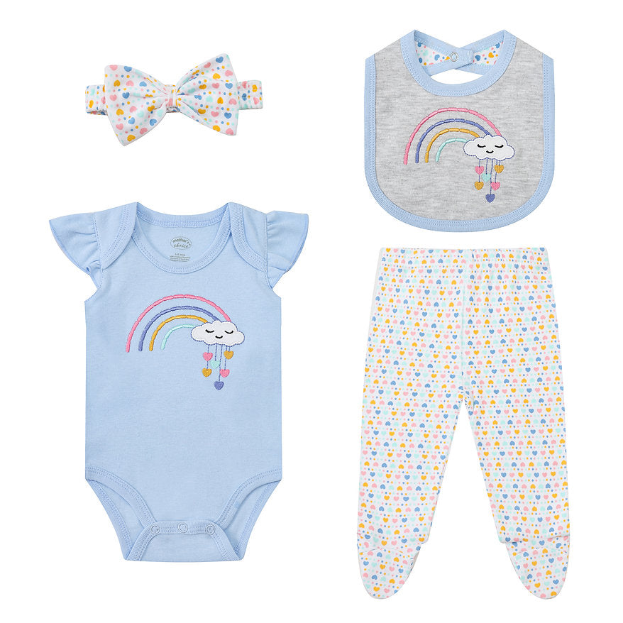 Motherschoice Rainbow Themed Baby Girl 4-Piece Gift Set - Bodysuit, Footed Pants, Bib and Headband IT5724