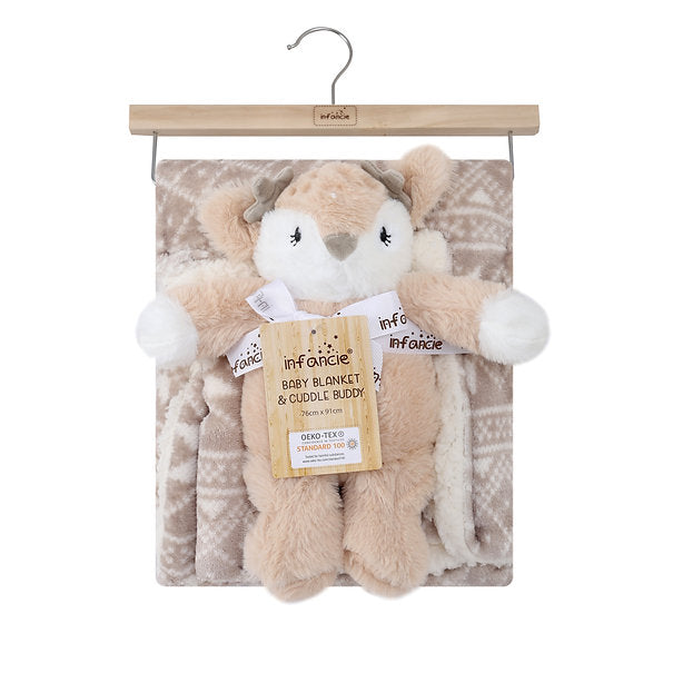 Motherschoice Supersoft Blanket (76 x 91 cm) with Deer Snuggle Plush Toy 19 cm Beige IT5117 Age- Newborn & Above