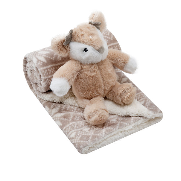Motherschoice Supersoft Blanket (76 x 91 cm) with Deer Snuggle Plush Toy 19 cm Beige IT5117 Age- Newborn & Above