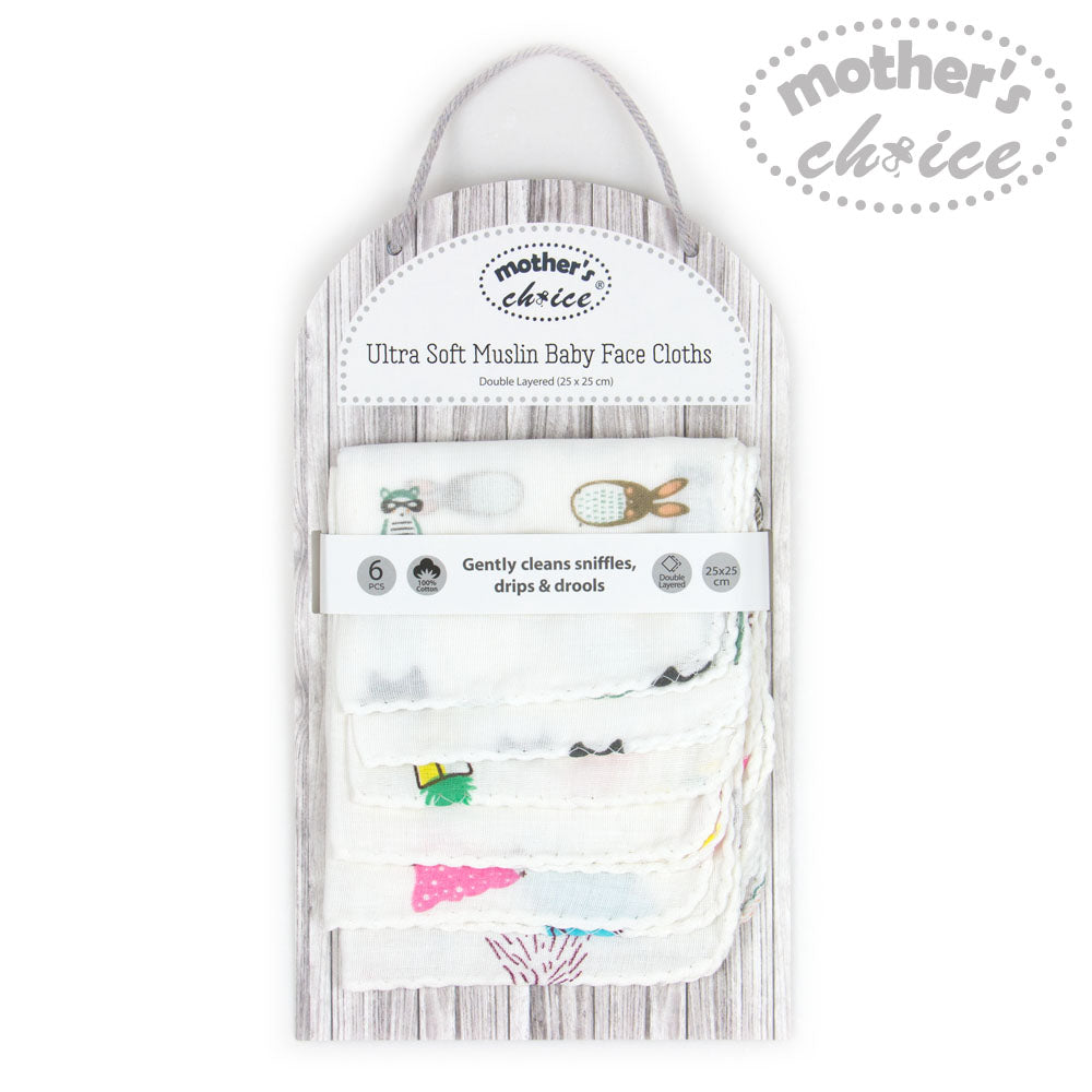 Motherschoice Ultrasoft Muslin Baby Double Layered Face Cloth Pack of 6 White IT3689B Age-Newborn & Above