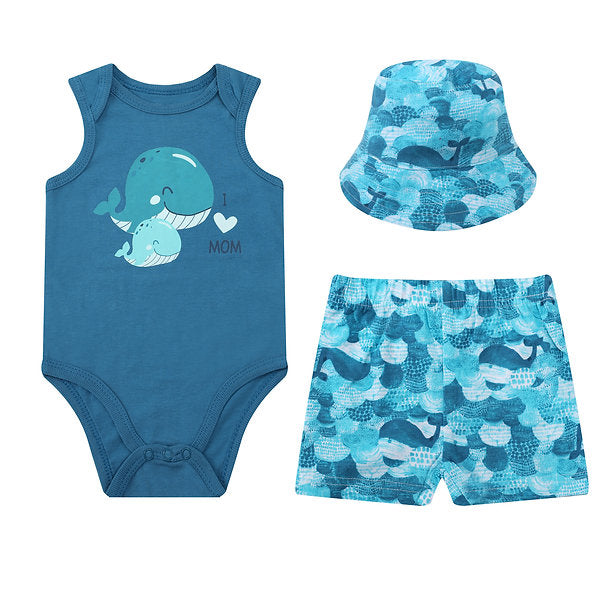 Motherschoice Whale Printed Baby Boys 3-Piece Set of Bodysuit, Pants & Sun Hat Blue IT5153