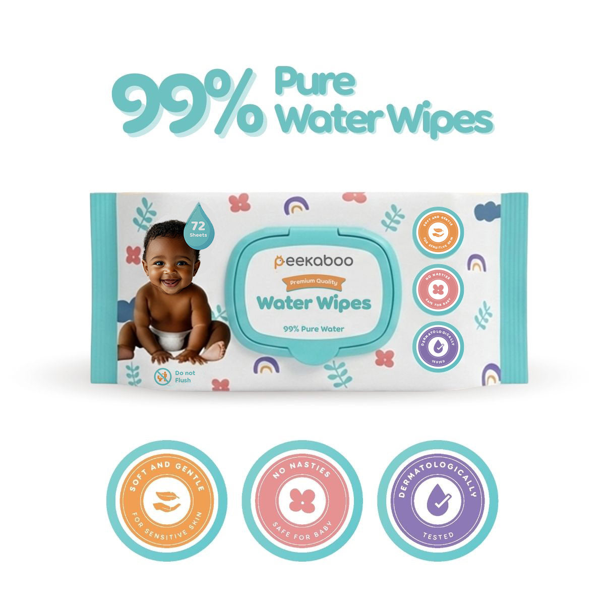 Peekaboo Premium Water Wipes -99% Water Pack of 72 Age- Newborn & Above