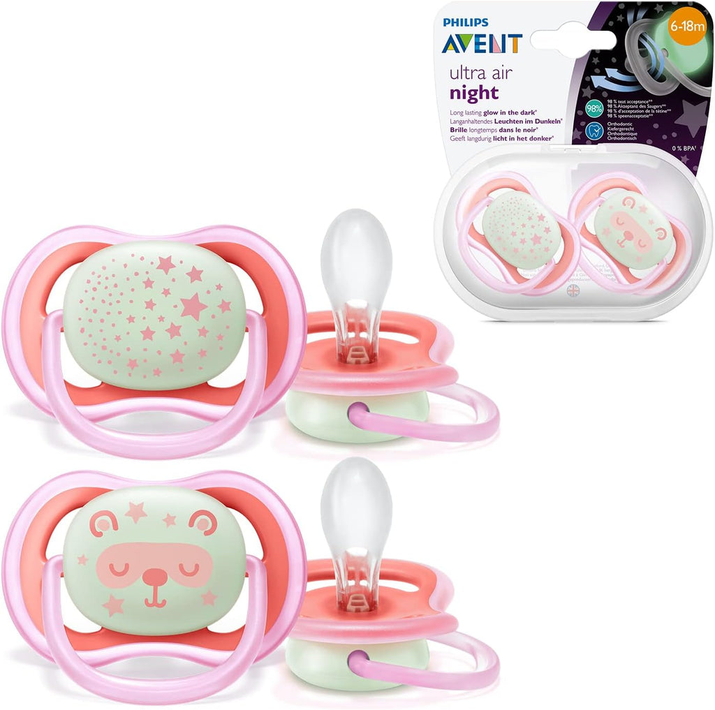 Philips Avent Ultra Air Night Pink Girls Pacifiers Scf376/20 Age- 6 Months to 18 Months