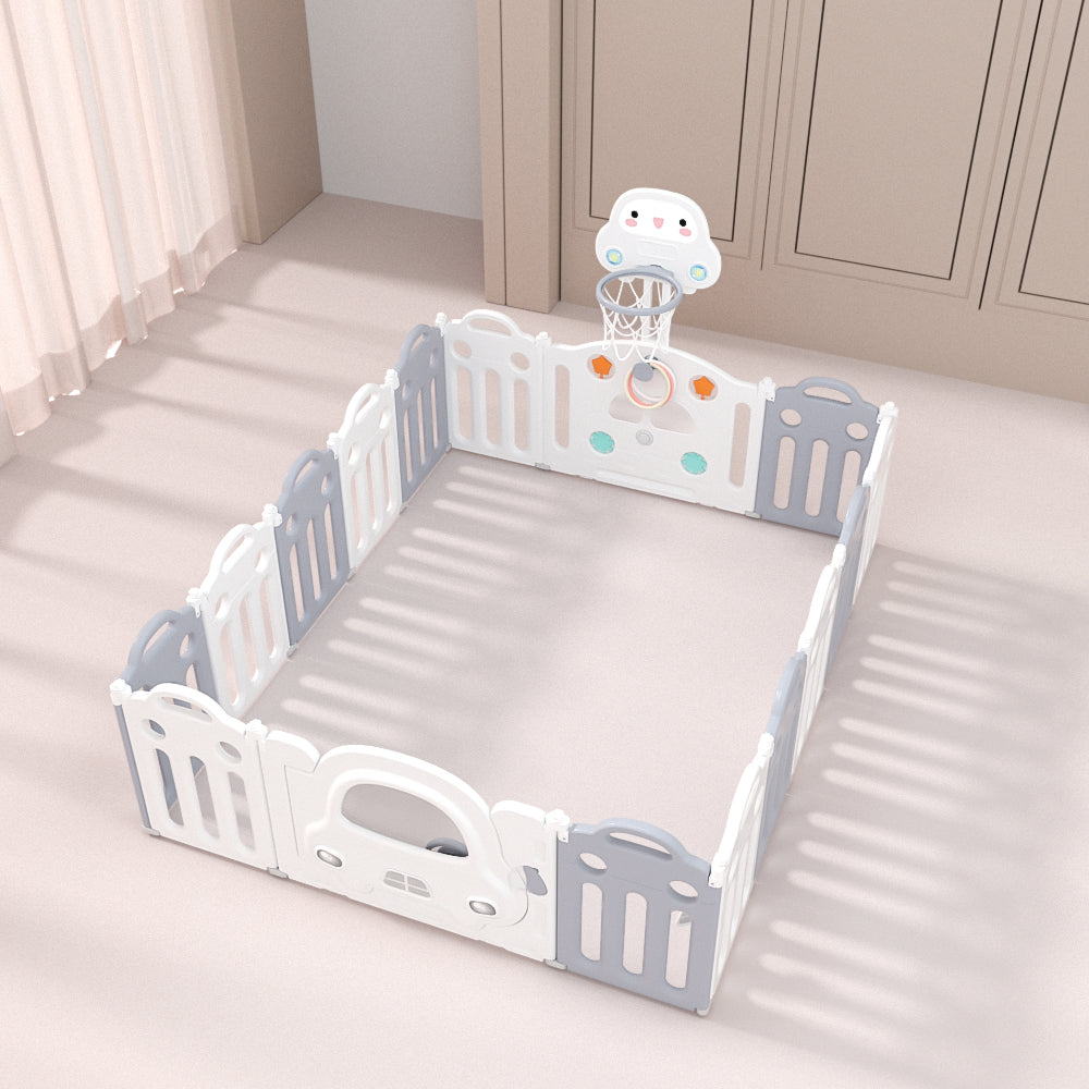 Pibi 2 in 1 Foldable Car Playpen White & Grey (14+2 Pieces) with a Basketball Hoop Age- 6 Months to 3 Years