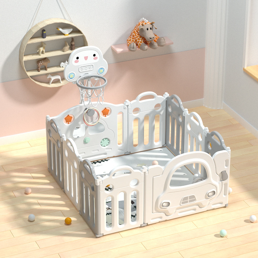 Pibi 2 in 1 Foldable Car Playpen White & Grey (14+2 Pieces) with a Basketball Hoop Age- 6 Months to 3 Years