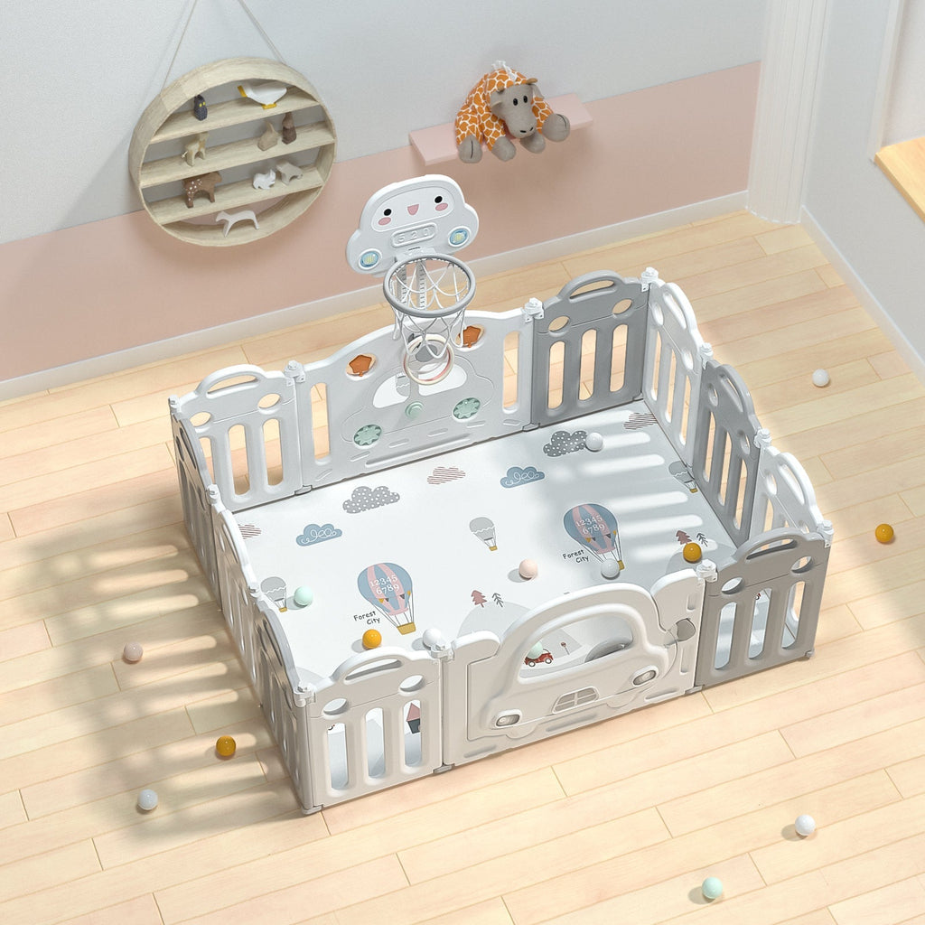 Pibi 2 in 1 Foldable Car Playpen White & Grey (14+2 Pieces) with a Basketball Hoop Age- 6 Months to 3 Years