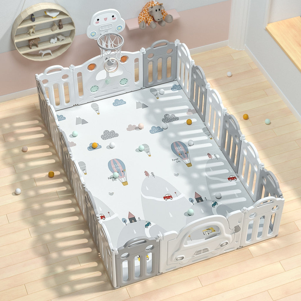 Pibi 2 in 1 Foldable Car Playpen White & Grey (14+2 Pieces) with a Basketball Hoop Age- 6 Months to 3 Years